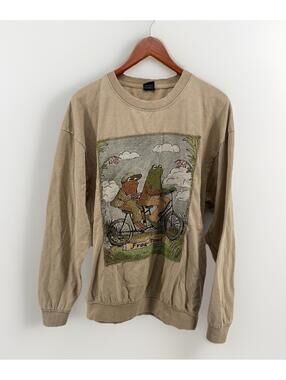 Vintage Frog and Toad Sweatshirt Men L Beige Graphic 1972 Cartoon Crewneck